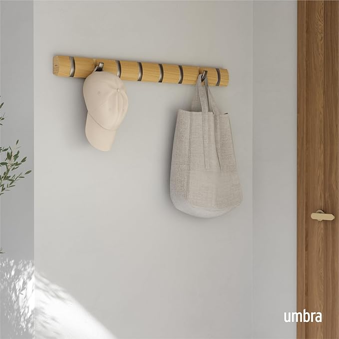 Umbra Flip Wall-Mounted Coat Rack with 8 Hooks – Modern, Space-Saving Storage for Hats, Jackets, Bags, Entryway, Mudroom, Closet, Bathroom, Bedroom – Natural/Nickel
