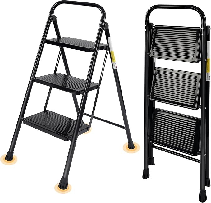 Valeo 3 Step Ladder, Step Stool with Wide Anti-Slip Pedal, 330 lbs Capacity,Step Ladder Folding Step Stool for Adults, Lightweight Steel Portable ladders for Home Kitchen & Office,Black