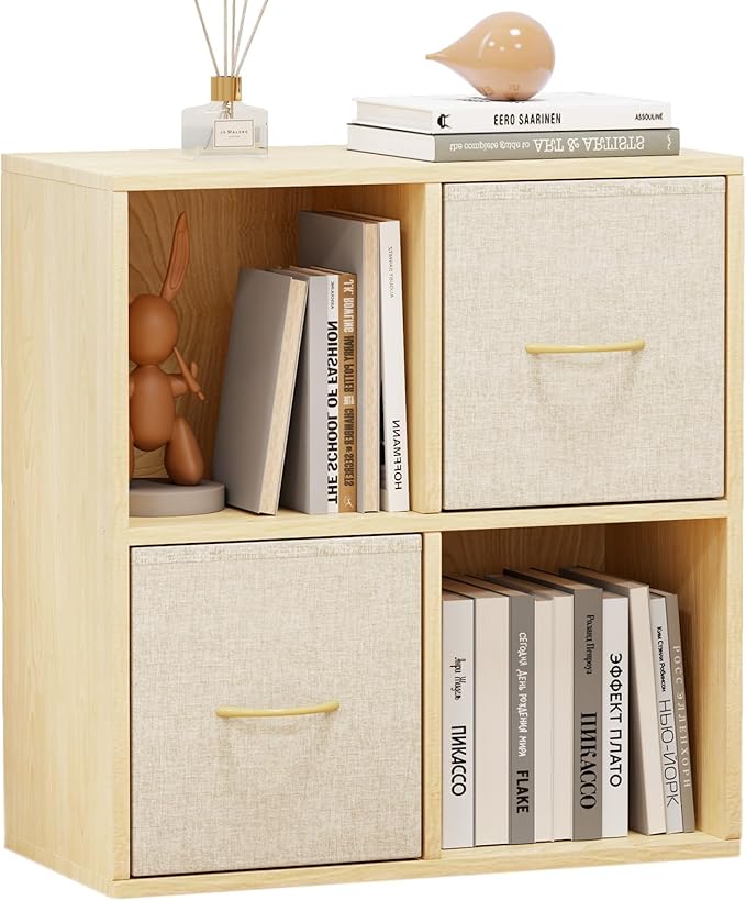 EXPERLAM 4 Cube Storage Organizer - Solid Wood Bookshelf with 2 Storage Bins, Cube Shelf with 2 Removable Back Panels, Vertical or Horizontal Bookcase, Open Book Shelf for Bedroom, Living Room, Office
