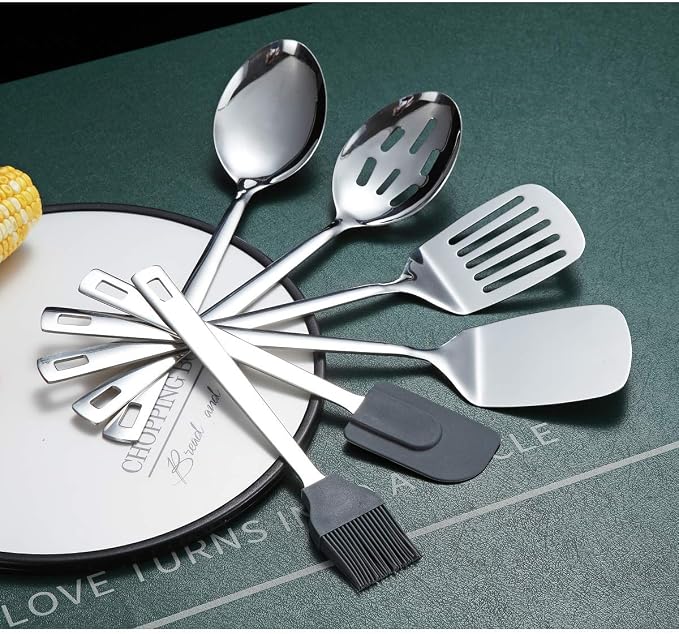 Cooking Spoon, Berglander 6 Pieces Spatula Set Stainless Steel, Metal Spatula, Serving Spoon, Kitchen Tools Set Non-Stick And Heat Resistant, Dishwasher Safe, Easy to Clean (6 Packs)