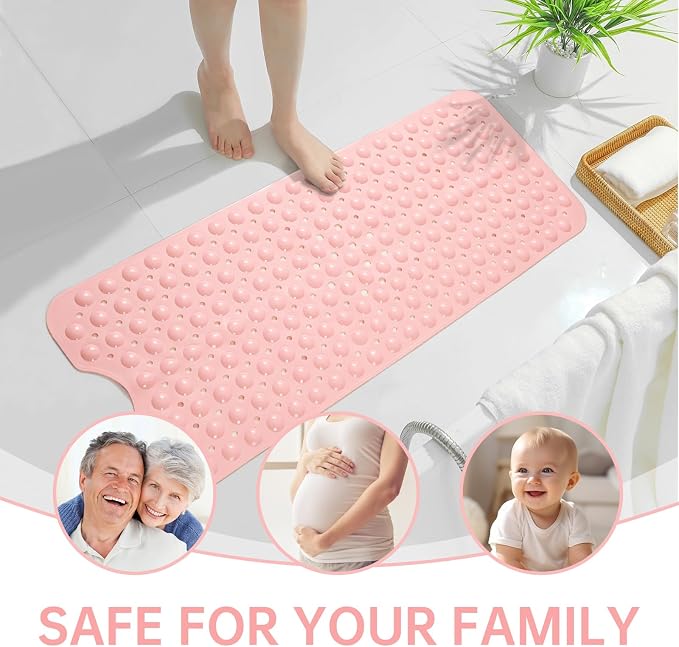 Wirhao Bathtub and Shower Mat Non Slip Bath Mat 39×16 Inches Machine Washable Tub Mat Large for Bathroom with Suction Cups and Drain Holes Pink