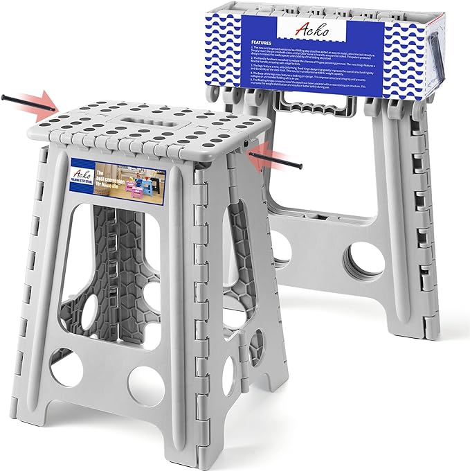 ACKO Folding Step Stool Foldable 17.5 Inch 400 lbs Capacity, Plastic Stools for Adults and Kids, Collapsible Stools for Kitchen, Stepping Stool with Handle(Grey)