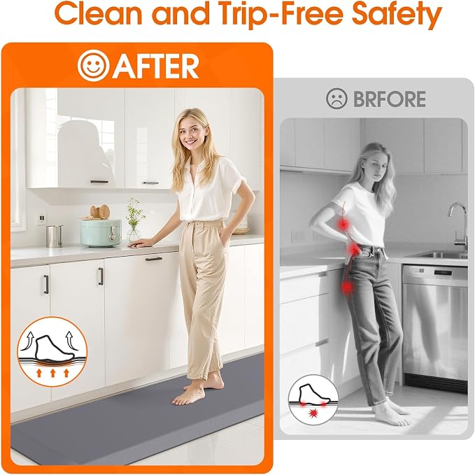 4/5 Inch Thicker Kitchen Mat, Cushioned Thick Floor Comfort Mat, with Non-Slip Bottom, Water & Stain Resistant, Easy Clean Standing Desk Mat for Kitchen, Sink, Office (17.3"x60"x0.8", Grey)