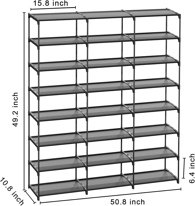 SMILHELTD Large Shoe Rack 3 Row 8 Tier for Entryway Organizer 48 Pairs, Tiered Sneaker Shelves with Dust-Proof Mats, Space Saving Storage for Garage Closet, DIY Assembly, 49.2" W x 50.8" H