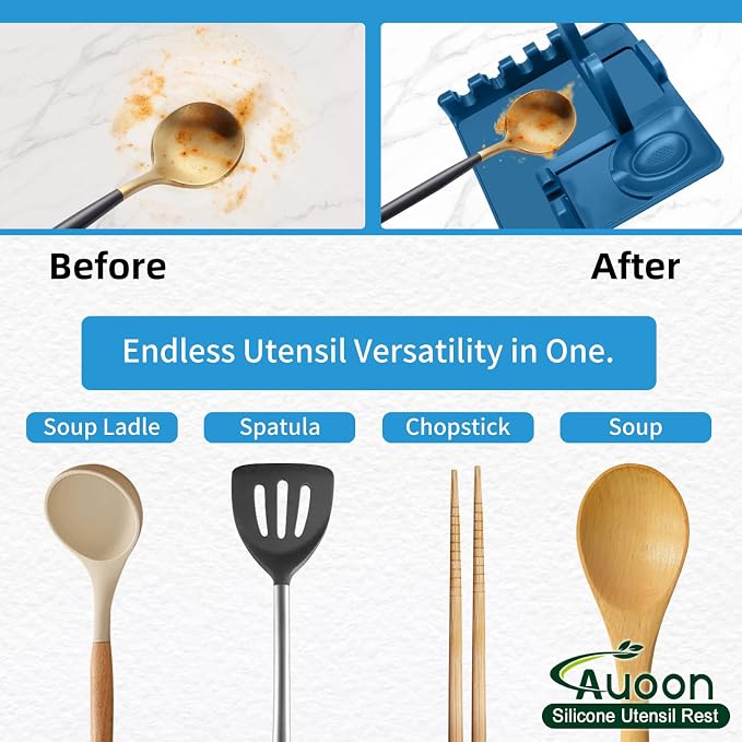 Auoon Silicone Spoon Rest with Lid Holder - 3 in 1 Kitchen Utensil Rest for Soup Ladles, Pot Lids, Spatulas, Spoons, Tongs, BPA Free & Dishwasher Safe, 8.26 x 8.06 Inch (Fog Blue, Large)