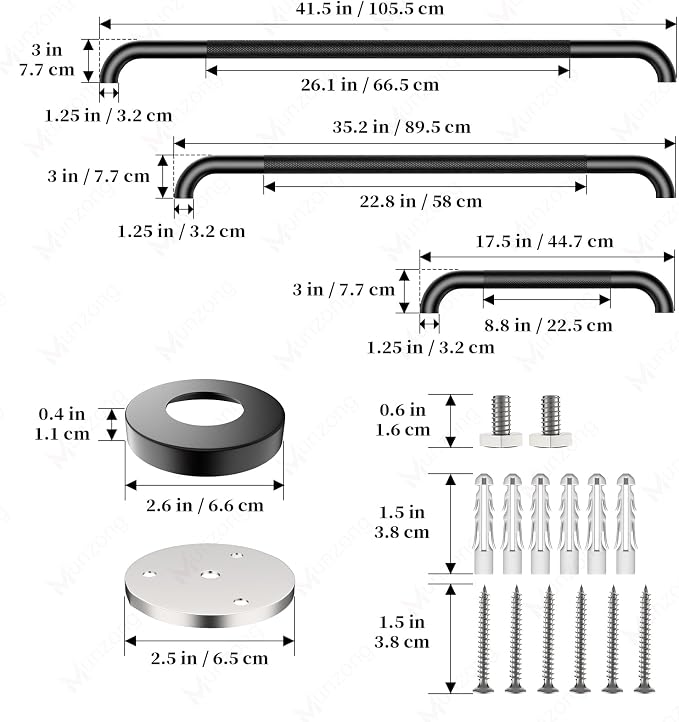 3 Pack Bathroom Grab Bar for Commercial, Munzong 18" 36" 42" Black Shower Grab Bar Bundle,1.25" Diameter Handicap Balance Bar,Anti Slip Safety Hand Rail for Elderly Injury Senior Assist Bath Handle