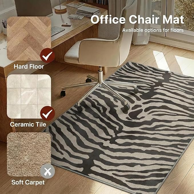48"x72" Office Chair Mat for Hardwood Tile Floor, Under Desk Carpet Protector for Rolling Computer Chair Mat, Machine Washable Area Rug, Anti-Slip 1/5" Thick Low Pile Thin Vinyl Floor Mat, Zebra