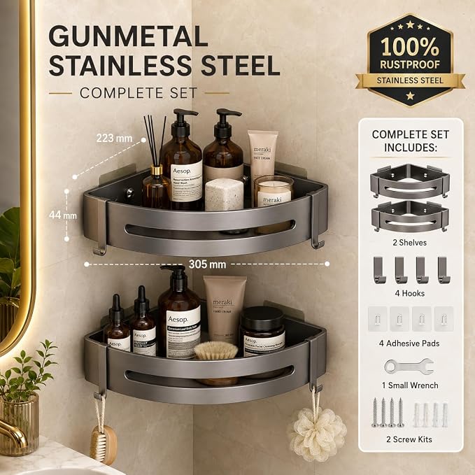 Corner Shower Caddy - 2 Pack Rustproof Stainless Steel Bathroom Organizer Shelves for Inside Shower, No Drill Adhesive Wall Mount Heavy Duty Storage Rack with 4 Hooks, Gunmetal