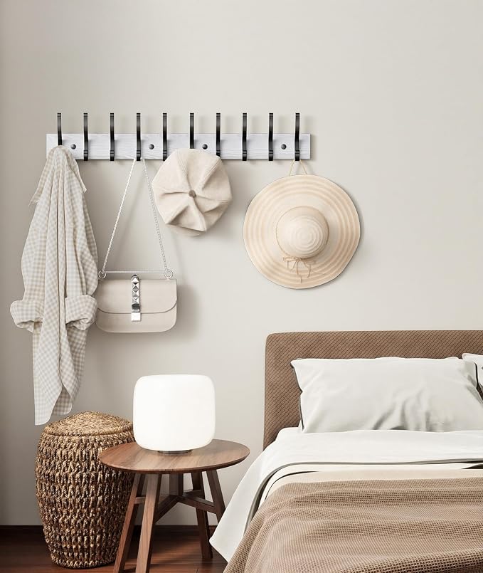 Optish 2 Pack Wooden Coat Rack Wall Mount, 16.1" Rustic Coat Hanger Hooks with 10 Double Hooks, Wall Coat Rack for Hat, Clothes, Bags, Jacket, Brown, White