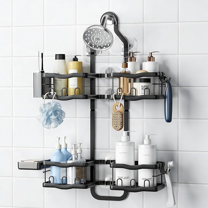 GearFusion Aluminum Hanging Shower Caddy for Handheld Shower Heads | Rustproof Bathroom Organizer Rack, Adjustable Shower Shelf Over the Showerhead Caddy Storage with Hooks Soap Baskets, Black