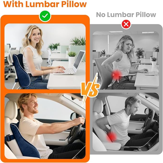CloudBliss Ergonomic Lumbar Support Pillow Seat Cuhsion - Memory Foam for Lower Back Pain Relief, Adjustable Straps & Mesh Cover for Office, Gaming, Car Seat (XL, Blue)