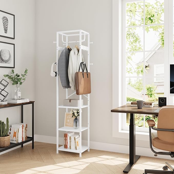 ELYKEN Coat Rack Freestanding, Hall Tree with 3 Storage Shelves and 12 Hooks, Industrial Clothes Rack Stand Organizer for Bedroom, Hallway, Entryway, Office, Living Room, White
