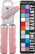 Zulay Kitchen Heavy Duty Stainless Steel Can Opener Manual with Bottle Opener - Rust Proof Manual Can Opener With Turn Knob & Comfy Soft Grip Handles - Pink