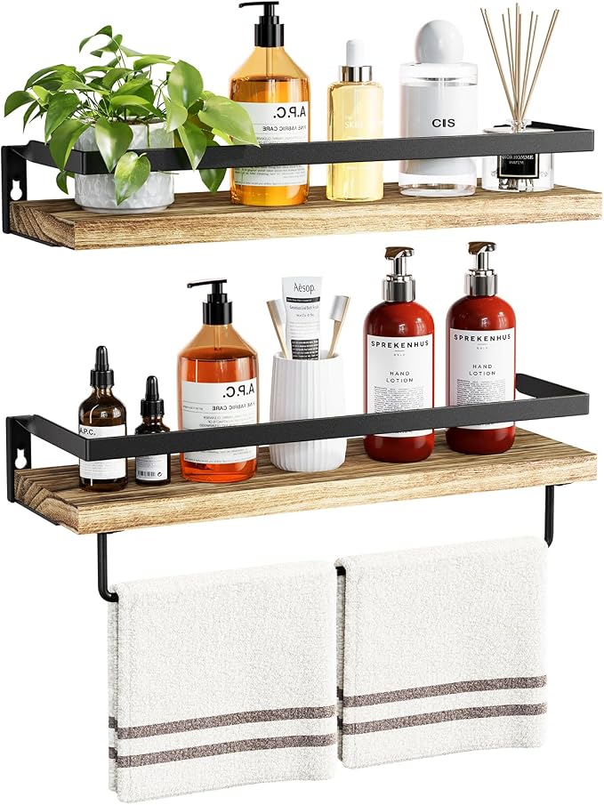 AMADA HOMEFURNISHING Bathroom Shelves with Towel Bar, Floating Shelves, Wall Shelves for Bathroom/Living Room/Kitchen/Bedroom, Light Brown, Set of 2 - AMFS01