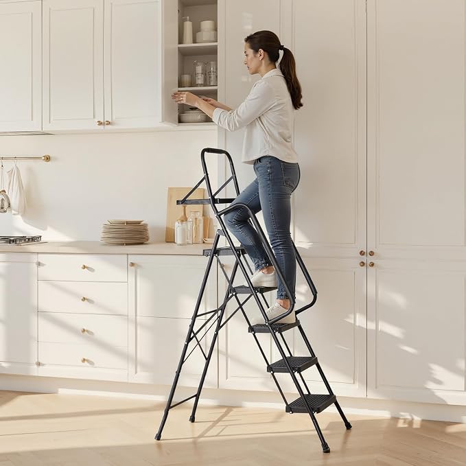 VEVOR 5 Step Ladder, Folding Step Stool with Wide Anti-Slip Pedal, Tool Tray, Dual Side Handrails, Portable Steel Ladder, Multi-Use for Kitchen, Home, Household and Office, Black