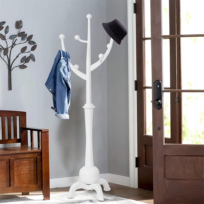 Bekrvio Coat Rack, Solid Wood Coat Racks Stand, Free Standing Coat Rack Coat Hanger with Hooks for Jaceket, Winter Coats, Entryway, Hallway, Bedroom - Load 160lbs (White)