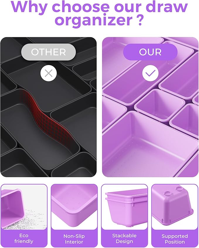 BiuLeon 25 PCS Plastic Drawer Organizers Set, 4-Sizes Vanity and Makeup Organizer, Desk and bathroom Drawer Organizer Trays, Organizers and Storage for Makeup, Jewelry, Gadgets, Utensils (Purple)