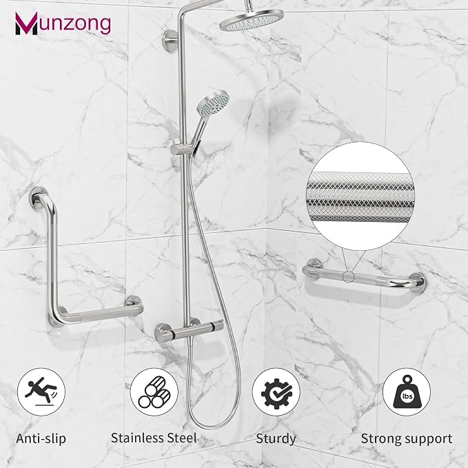 16 Inch Angled Bathroom Grab Bars with 20 Inch Straight Munzong Brushed Nickel Toilet Handicap Grab Rail for Showers,Anti Slip Stainless Steel Knurled Safety Handle Support Elderly Injury Senior
