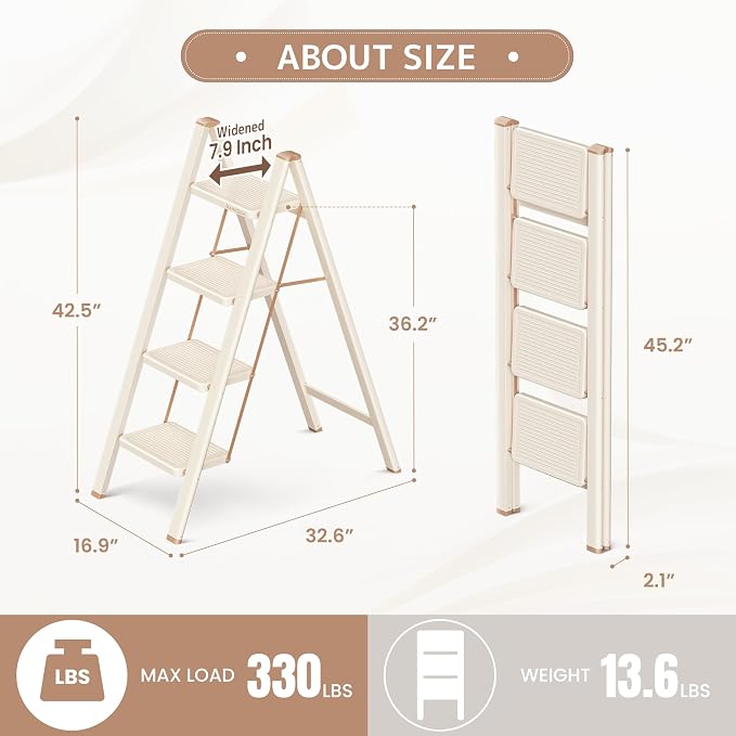 4 Step Ladder Folding Step Stool with Wide Anti-Slip Pedal, 330LBS Capacity, Lightweight Portable Stepladder for Home and Kitchen Use, Cream Chocolate
