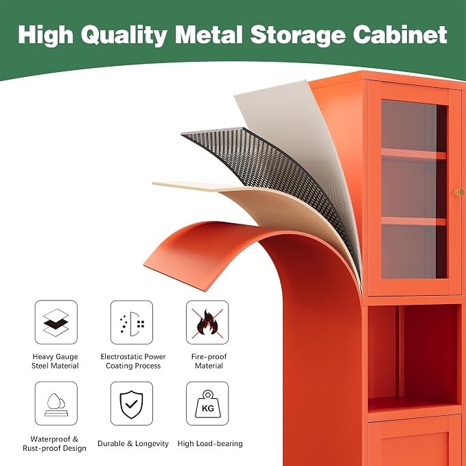 Slim Pantry Cabinet with Hutch, 67" Tall Narrow Storage Cabinets for Small Space,Narrow Metal Corner Cabinet with 3 Adjustable Shelves, Freestanding Tall Bathroom Cabinet for Entryway, Living Room