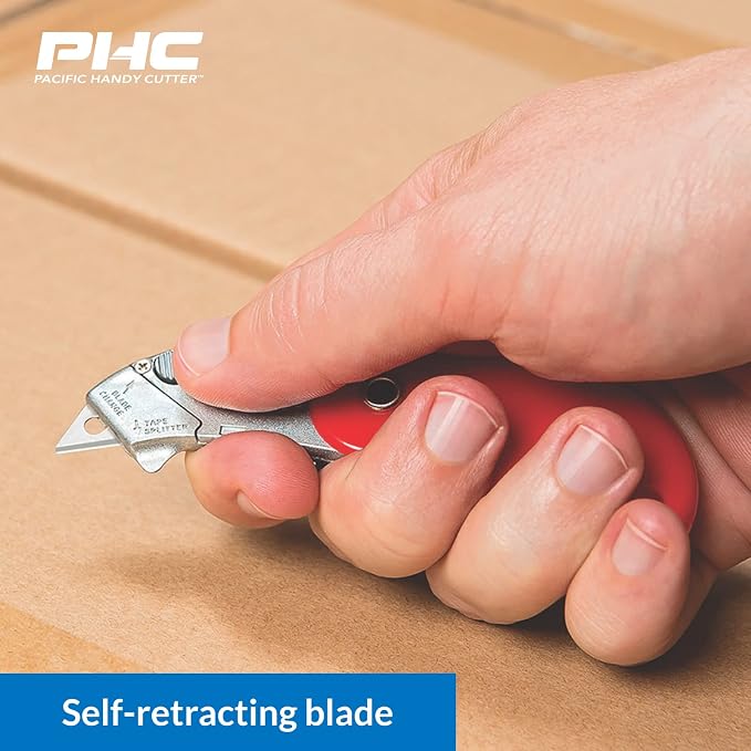 Pacific Handy Cutter PSC2 Pocket Safety Cutter, Box of 12, Blue, Compact Design with Integrated Bladeless Tape Splitter, Self-Retracting Safety Point Blade for Boxes, Tape, String, Paper, or Plastic