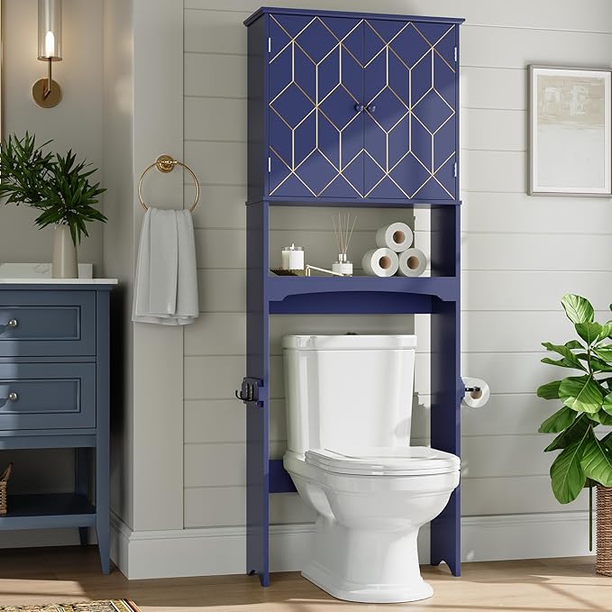 Gold Trim Over The Toilet Storage Cabinet, Double Doors Over Toilet Bathroom Organizer with Adjustable Shelves and Toilet Paper Holder, Modern Over Toilet Storage Cabinet for Bathroom (Blue)
