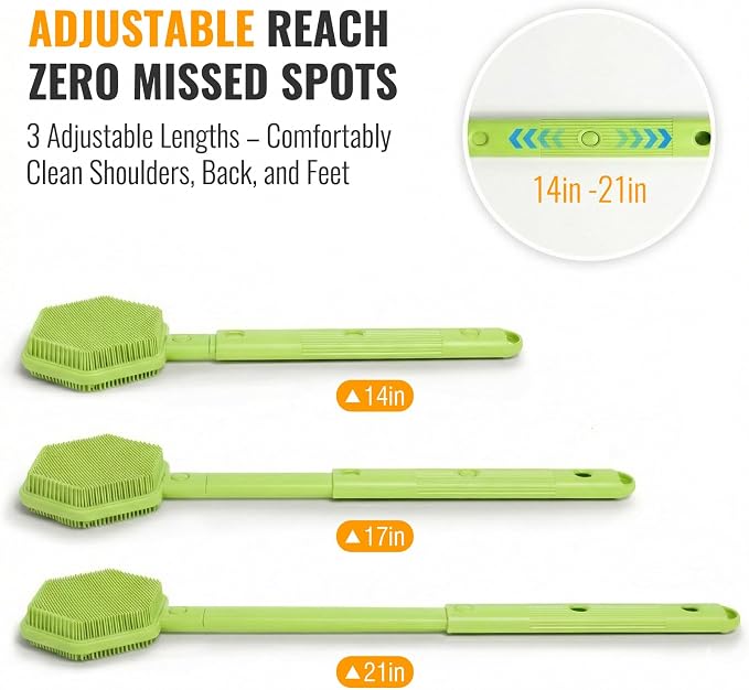 AIMAIAIMAI Silicone Back Scrubber for Shower – 21in Extendable Shower Brush with Long Handle – Dual-Sided Back Brush with Non-Slip Grip, Gentle Cleansing & Exfoliation for Men, Women, Elderly (Green)