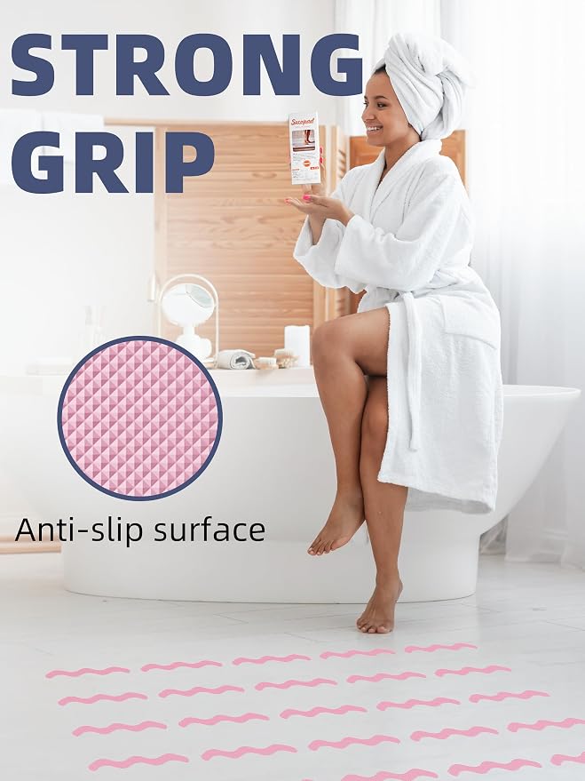 Secopad Patented Anti Slip Shower Stickers, 24PCS Adhesive Decals Safety Strips with Scraper for Bath Tub, Shower Floor, Stairs, Pink, 0.8"*8"