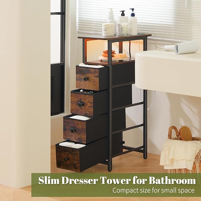 Yoobure LED Narrow Nightstand with Charging Station - Slim Dresser for Bedroom Narrow Side Table Storage Cabinet, Small Dressers Chest of Drawers, Tall Skinny Night Stand End Table for Small Spaces