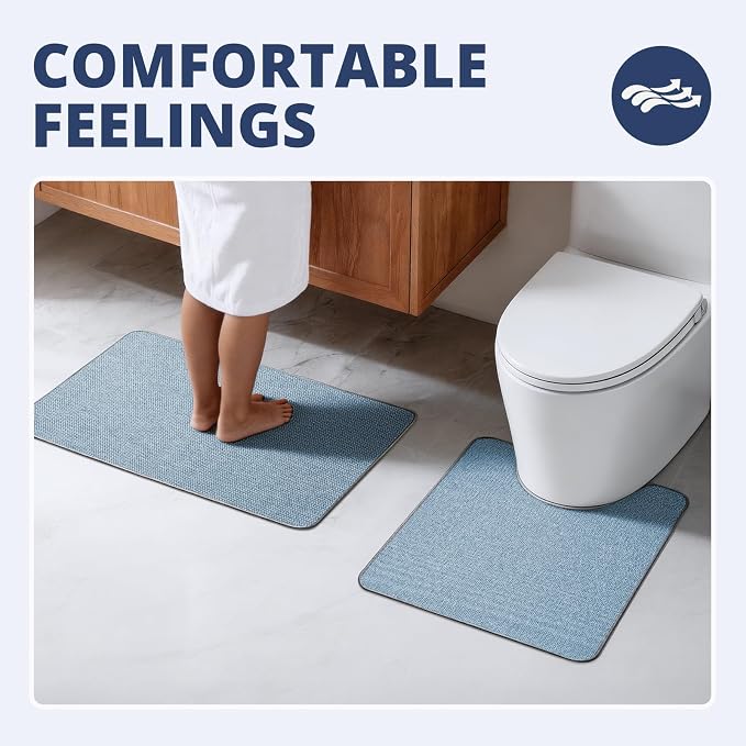 Bathroom Rugs Sets 2 Piece, Thin Bath Mat & U-Shaped Contour Toilet Rug Absorbent Quick Dry, Machine Washable, Non Slip Low Pile Bath Mats for Bathroom/Tub/Sink/Shower (30"x20" Plus 24"x20" U, Blue)