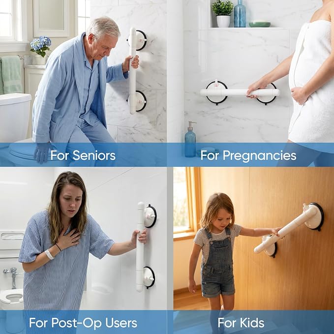 Suction Grab Bars for Shower, 14.4 Inch 350 LBS Weight Support Shower Handles with Safety Indicator, 2 Pack Grab Bars for Seniors and Elderly, No Drilling Removable Bathtub Grip, White
