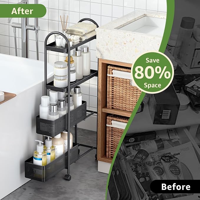 KINGRACK 4-Tier Slim Storage Cart with Pull Out Basket, Rolling Bathroom Organizer Utility, Metal Shelving Unit Slide Out, Lockable Wheels, Easy Assembly for Narrow Place, Kitchen, Laundry Room, Black