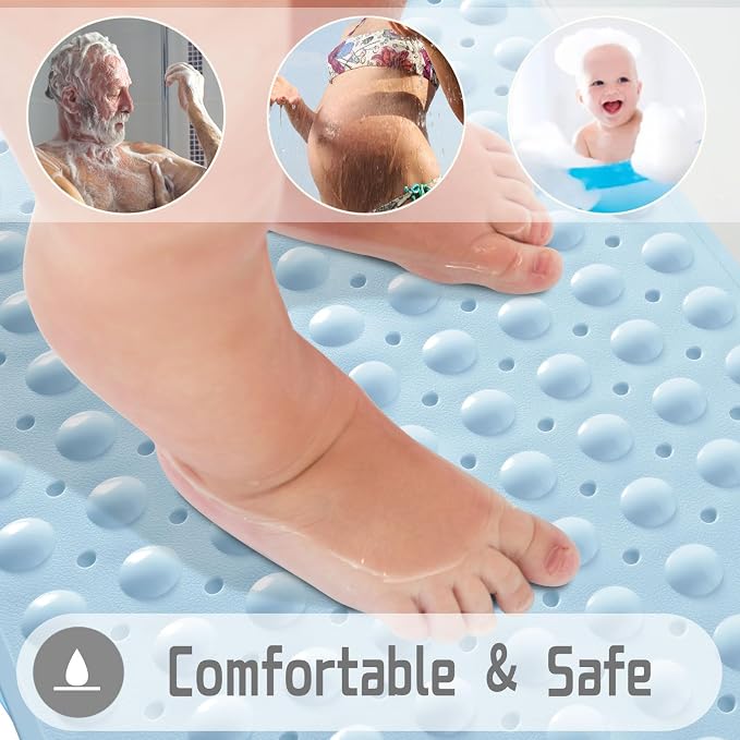 Yimobra Non Slip Bathtub Mat 40 x 16 Inch, Extra Long Shower Mat with Drain Holes, Machine Washable Baby Bath Mats, Strong Suction Cups for Bathroom Floor, Blue