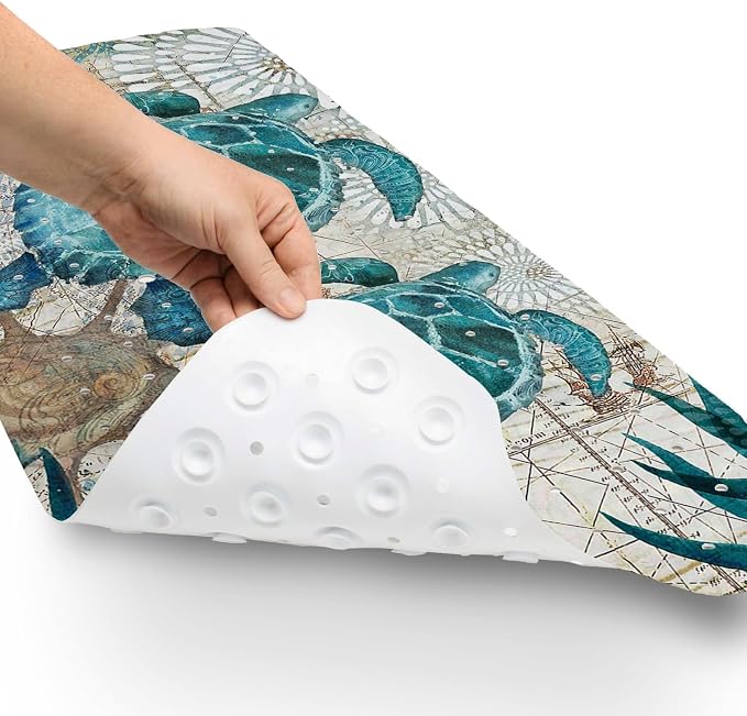 Blue Bathtub Mat Non Slip, 40x16 inch Bath and Shower Safety Mats, Vintage Sea Turtle Tub Mat for Bathroom, Tub Shower Mat with Drain Holes and Suction Cups