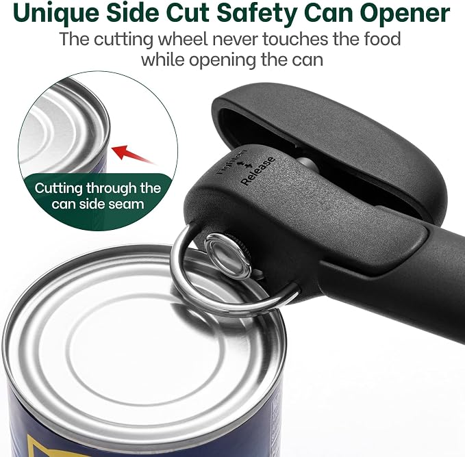 Beneno Can Opener, Safety Side Cut Manual Can Opener with Sharp Cutting Blade Smooth Edge, Effortless Easy to Turn Knob, Comfort Grip Handle, Smooth Cutting Can Lid with no Sharp Edges, Black