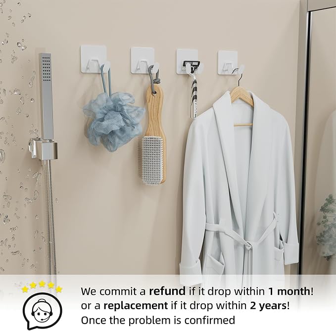susswiff Adhesive Shower Hooks for Bathroom - Extra Sticky Stainless, Wall Hooks for Hanging Towel, Razor, Loofah, Robe, Coat, Heavy Duty Hanger for Kitchen, Bedroom, Door, Metal, Matt White, 6 Pack