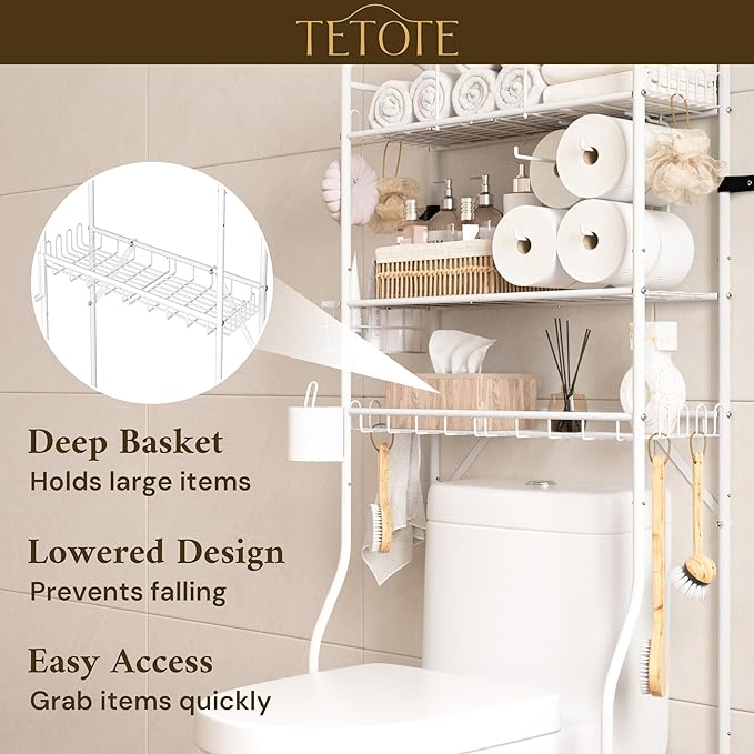 TETOTE Over The Toilet Storage Rack, 3-Tier Bathroom Organizer Shelf Over Toilet with Toilet Paper Roll Holder, Freestanding Metal Rack, White