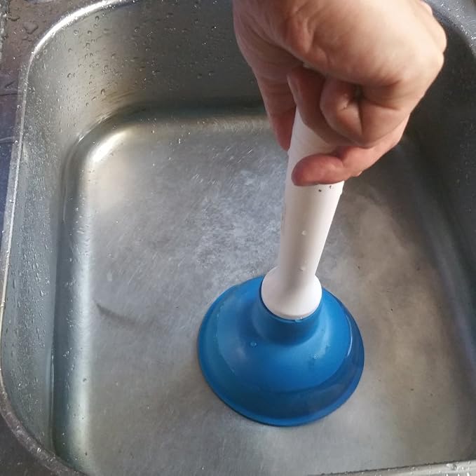 NewFerU Drain Plunger, Small Hand Force Plumber Helper, Little 4 inch Cup Clog Remover, Tiny Rubber Unclogger in 9" Short Handle for Kitchen Sink, Bathroom Toilet, Shower Bath Tub (Blue)