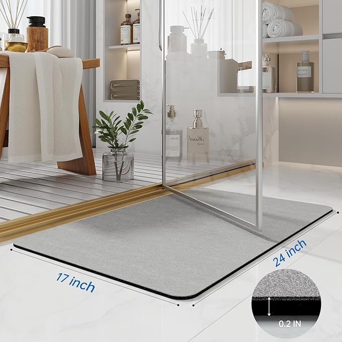 Diatomaceous Earth Bath Mat - 24x17 Quick Dry Absorbent Non Slip Thin Bathroom Rug, Grey