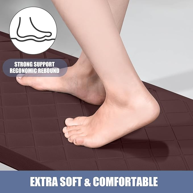 Cushioned Kitchen Mat 2 PCS, Anti Fatigue Kitchen Rugs, Heavy Duty Kitchen Rugs and Mats Non-Skid, Ergonomic Comfort Foam Kitchen Floor Mat for Home, Office, Sink, Laundry - Brown
