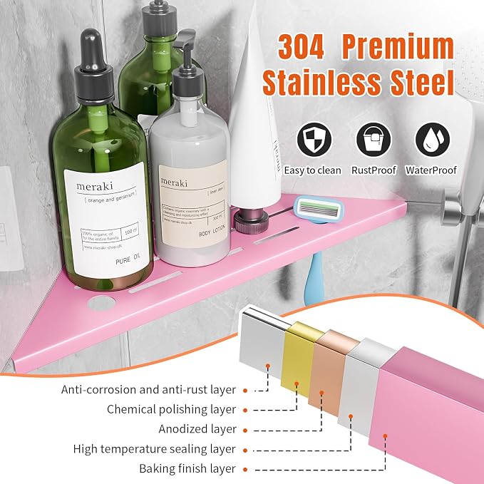 Corner Shower Shelves with Razor Hole, Modern Sturdy Shower Shelves Corner, 10" 304 Stainless Steel Shower Organizers Corner Shelf for Tile Wall, No Drilling Grout Mount Bathroom Shelf,Pink