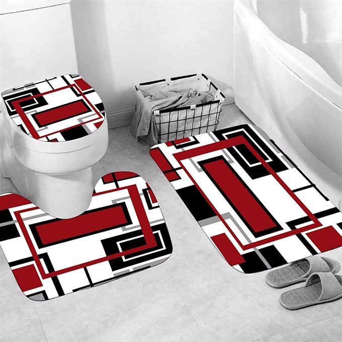 Yddsky 4 Pcs Red Geometric Shower Curtain Sets with Rugs Red Bathroom Sets with Shower Curtain and Rugs Modern Bathroom Curtains Shower Set with Toilet Lid Cover for Bathroom Decor Accessories