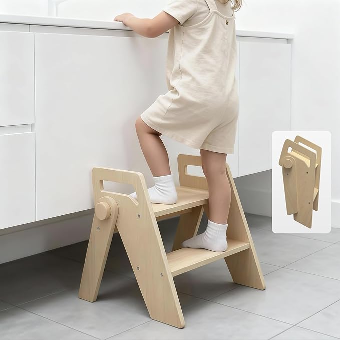 Wooden 2 Step Stool for Toddler Kids Bathroom Foldable 2-Step for Toilet Potty Training, Child Stepping Stool for Kitchen Nursery Bedroom