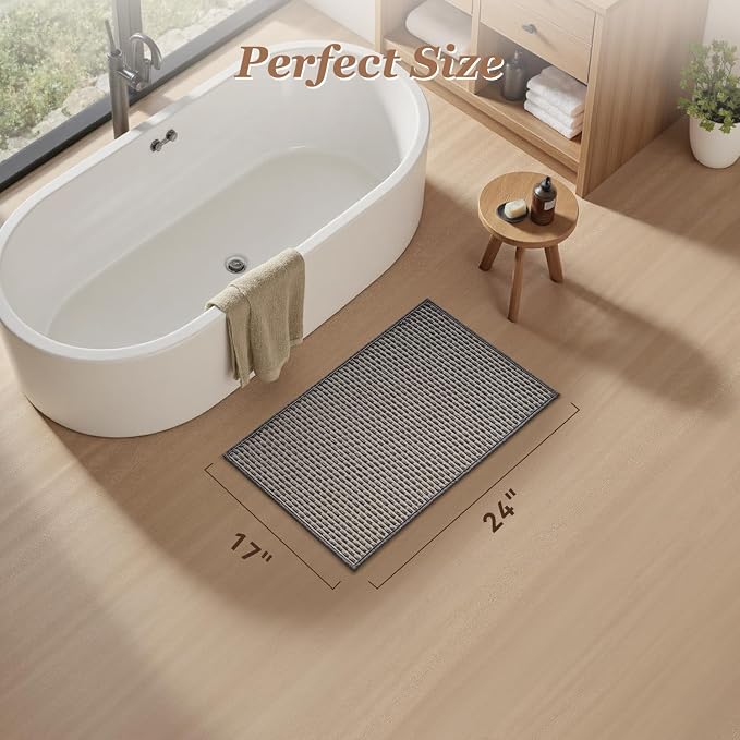 AMOAMI Unique Woven Bath Mat, Super Absorbent Non Slip Bath Mats for Bathroom Floor Textured Bathroom Mat Quick Dry Washable Boho Thin Bathroom Rugs for Beside Tub, 17" x 24", Grey