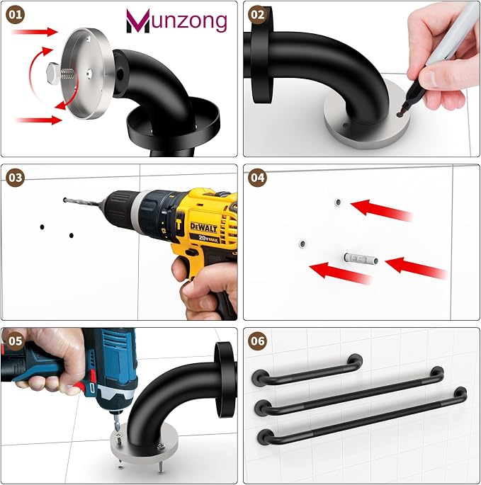 3 Pack Bathroom Grab Bar for Commercial, Munzong 18" 36" 42" Black Shower Grab Bar Bundle,1.25" Diameter Handicap Balance Bar,Anti Slip Safety Hand Rail for Elderly Injury Senior Assist Bath Handle