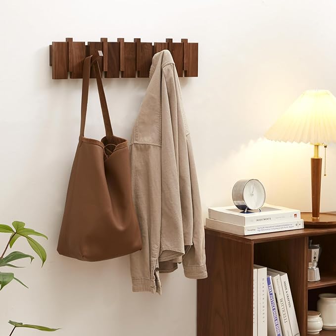 QUELLANCE Wood Coat Rack Wall Mount, Coat Hooks Hanger Wall Mounted, Heavy Duty Wall Coat Rack with 6 Hooks for Hanging Coats/Keys/Hats/Robe&Towels/Plants/Bags, Walnut