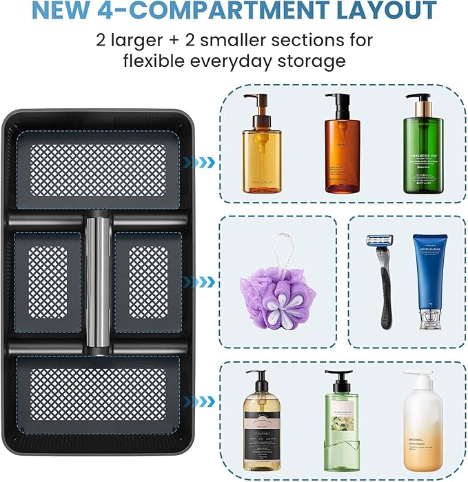 BYUNER Plastic Shower Caddy Dorm: Portable Cleaning & Shower Caddy with Handle, 4 Divided Compartments, All-Side Drainage, Rigid Plastic Basket Tote for College Dorm & Bathroom Use, Black/Silver