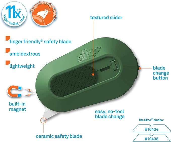 Slice Mini Box Cutter | Manual Retracting | Safe Ceramic Box Cutter Lasting 11x Longer than Metal | Box Opener | 2 Pack | Sage