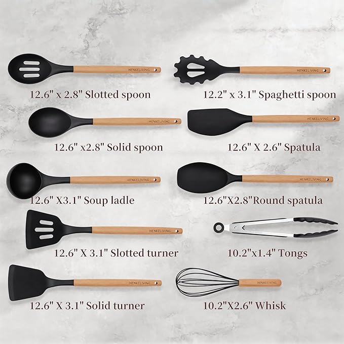 Silicone 10 Pcs Kitchen Cooking Utensils Set, Recycled Materials Certification, BPA Free Spatula Set with Heat Resistant Wood Handles for Nonstick Cookware, Black