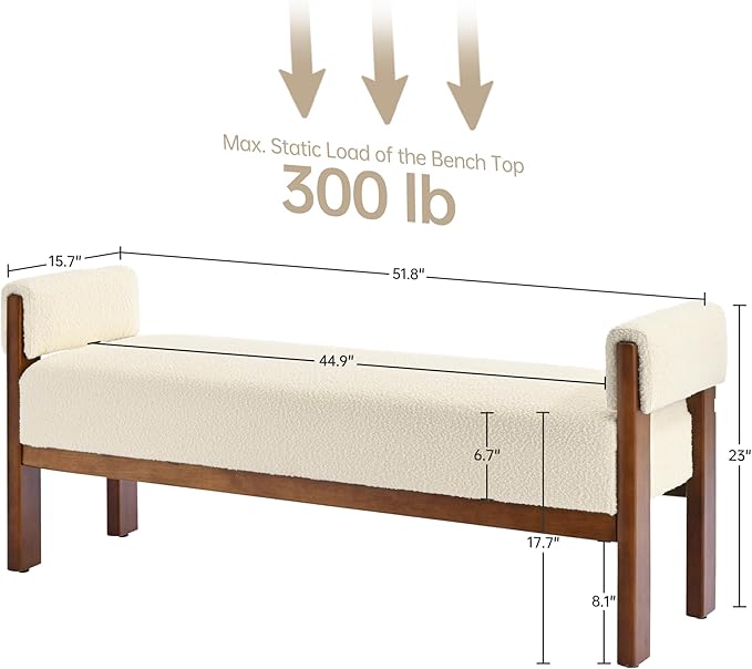 VKNOW End of Bed Bench, 51.8” Upholstered Bedroom Bench Indoor Bench with Solid Wood Frame, Modern Entryway Bench with Arms for Bedroom Living Room, Beige